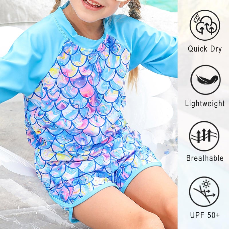 Vogseek Kids 4t Girls Two Pieces Swimsuit UV Protective Blue Mermaid Scales Swimming Suits Long Sleeve Bikini Top and Swim Shorts 2-Piece Set for 4 Year Old Girl - Image 5