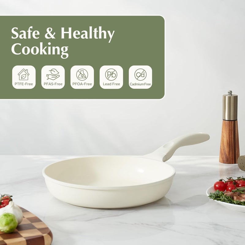 Redchef مقلاة سيراميك غير لاصقة، مقلاة كبيرة، خالية من PFAS و PFOA، غير سامة، متوافقة مع الحث، مقابض مريحة، مناسبة لجميع المواقد، بيج أبيض، 11" - Image 2