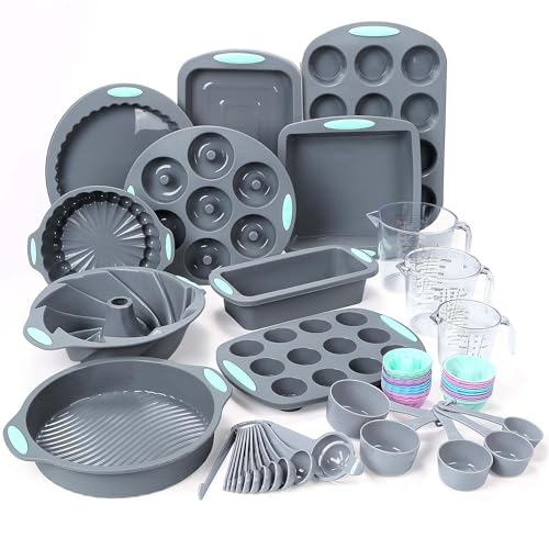 Tongjude 54 Pieces Silicone Baking Pans Set, 10 Silicone Cake Molds, Loaf Pan and Muffin Pans, Non-Stick Baking Cup, with Measuring Cups and Spoons Set, Grey - Image 1