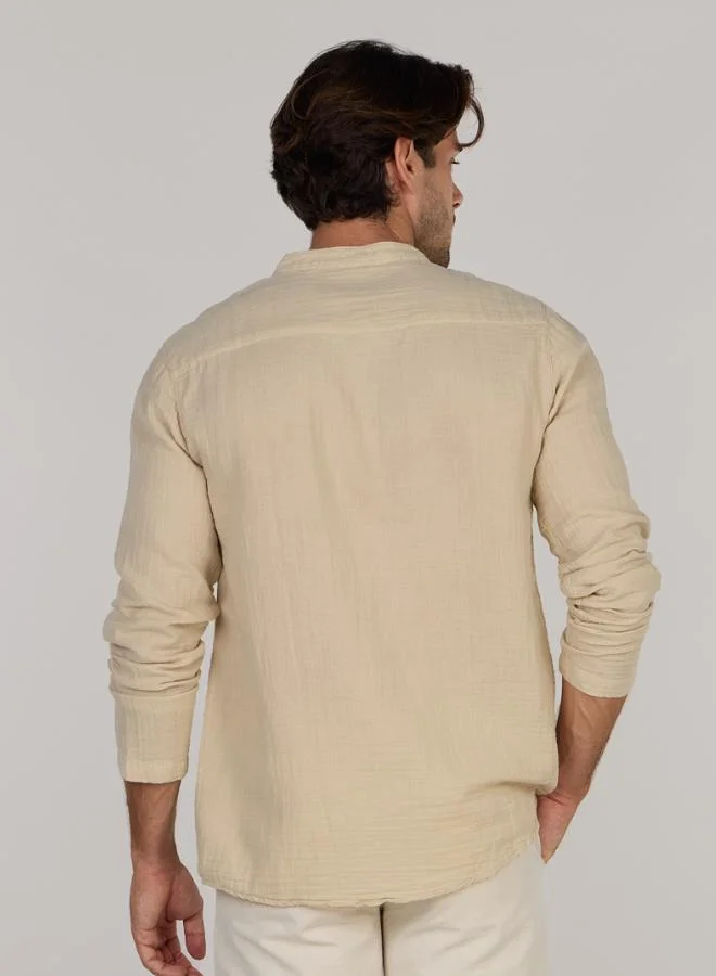Just Nature Beige Regular Fit Mandarin Collar Resort Shirt for Men | Best Price UAE