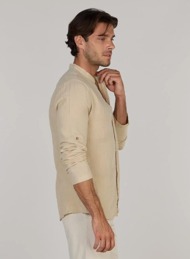 Just Nature Beige Regular Fit Mandarin Collar Resort Shirt for Men | Best Price UAE