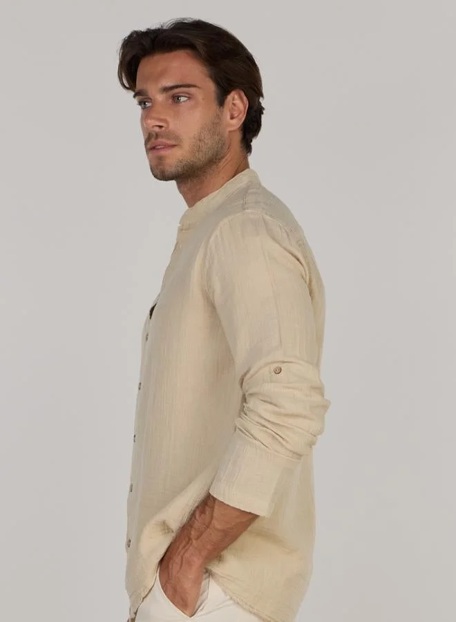 Just Nature Beige Regular Fit Mandarin Collar Resort Shirt for Men | Best Price UAE