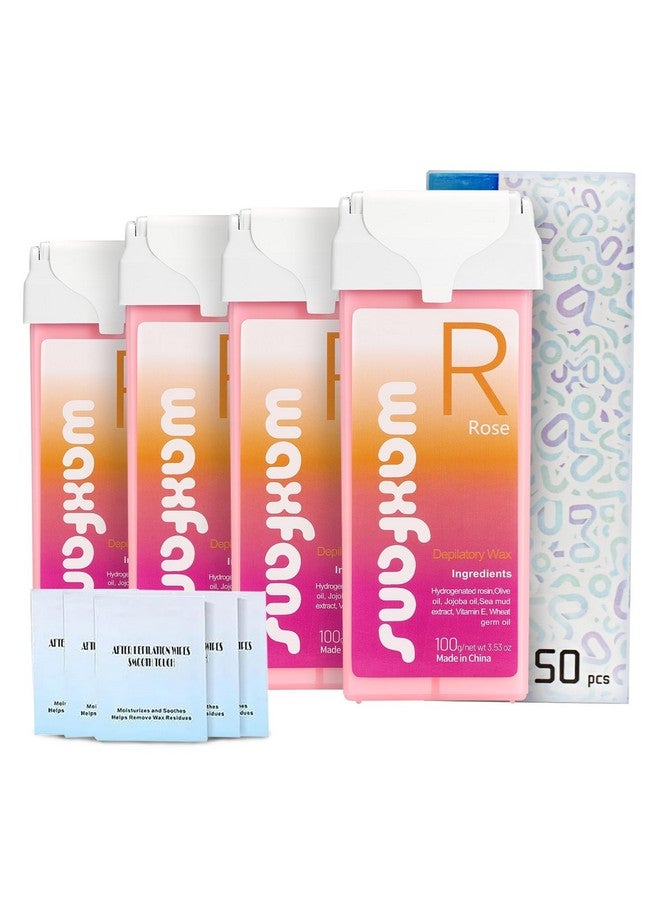 Roll On Wax Refill,Wax Roller Refill For Hair Removal.Natural Roses Wax Cartridge Refill,Quick Melting - For Coarse And Fine Hairs.Includes: 4 Wax Rollers, 5 Clean Oil Bags, 50 Waxing Strips.