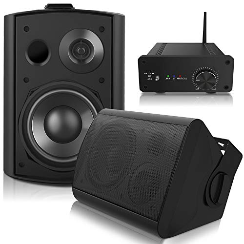 pohopa 5.25 Inch Outdoor Speakers with Bluetooth Stereo Amplifier Receiver | All-Weather Durability | Broad Sound Coverage | Speed-Lock Mounting System (Black) - Image 1