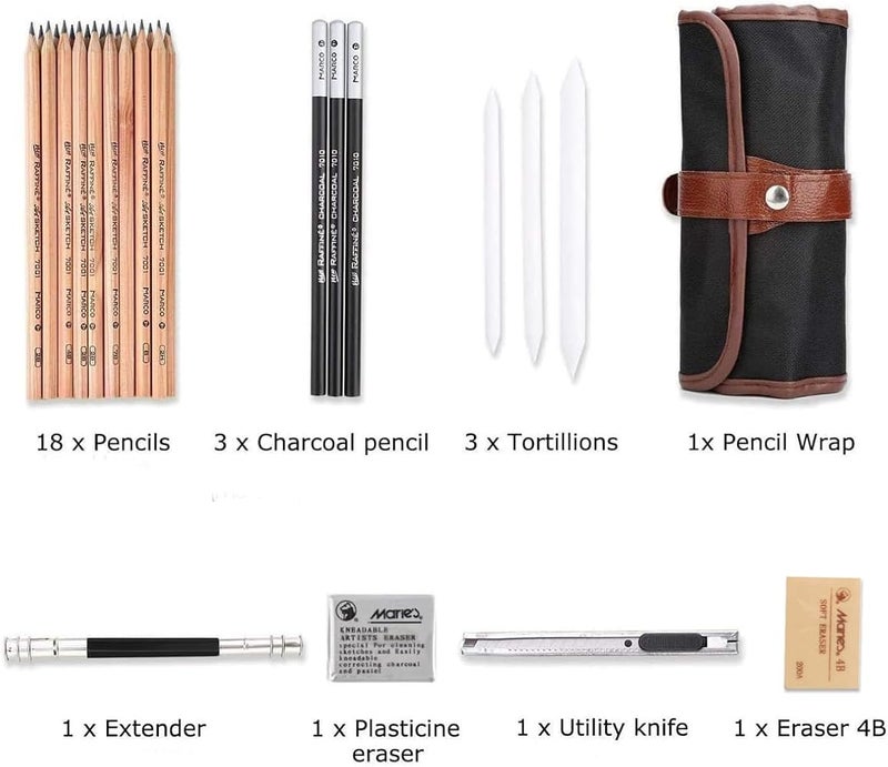 BIGTHREE Professional Sketching Drawing Art Tool Kit, 29 Pack Sketching Pencil Set, Includes Graphite Pencils, Charcoal Pencils, Paper Erasable Pen, Sketch Pencils Set for Drawing for Kids Adults - Image 2