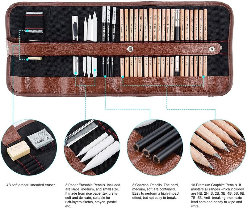BIGTHREE Professional Sketching Drawing Art Tool Kit, 29 Pack Sketching Pencil Set, Includes Graphite Pencils, Charcoal Pencils, Paper Erasable Pen, Sketch Pencils Set for Drawing for Kids Adults - Image 3