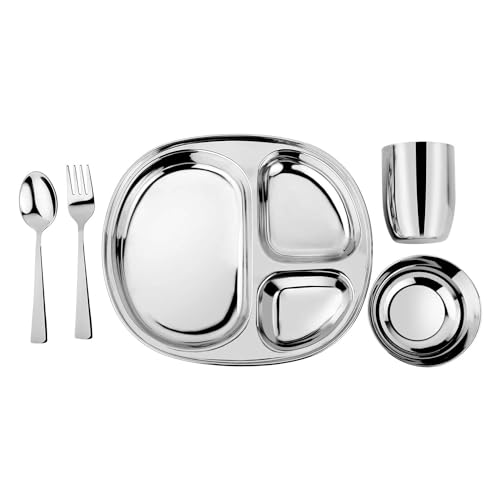 Ahimsa Stainless Steel Kids Dinnerware Set 5 Piece Toddler Plates and Bowls Set Pediatrician Designed Includes Non Toxic Toddler Plate and Bowl Kids Utensils and Cup Classic Stainless Steel