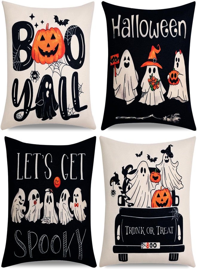 Hongsome Ghost Halloween Decor-Throw Pillow Covers 18x18 in Set of 4,Spooky Gothic Linen Pillow Case for Couch Fall Christmas Holiday Outdoor Burnt Orange Black White Decorations - Image 1