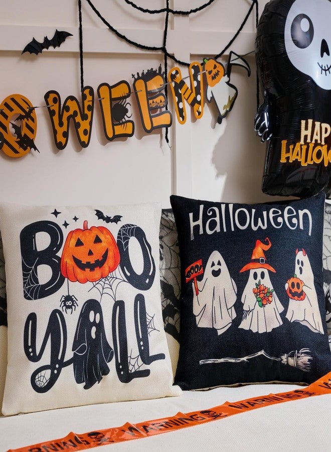 Hongsome Ghost Halloween Decor-Throw Pillow Covers 18x18 in Set of 4,Spooky Gothic Linen Pillow Case for Couch Fall Christmas Holiday Outdoor Burnt Orange Black White Decorations - Image 4