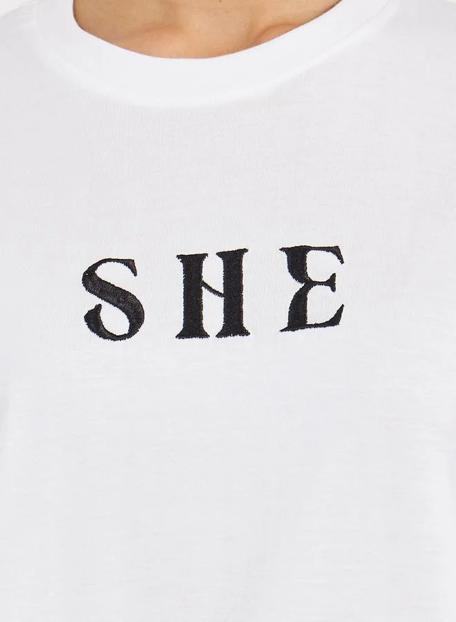Styli Oversized Embroidered She Slogan T-Shirt