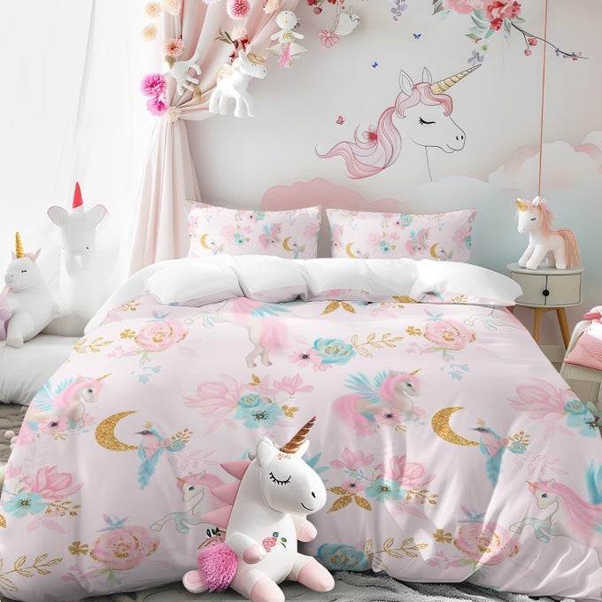 UNICORN GIRLS BEDDING SET QUEEN SOFT CUTE PINK UNICORN DUVET COVER SETS WITH FLOWERS AND GOLD MOON PRINT COMFORTER COVER 3 PIECE UNICORN BED SET ROOM DECOR FOR TEEN WOMEN ALDULTS