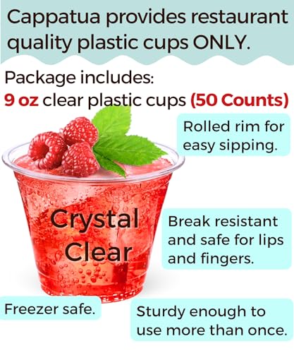 Cappatua 9 oz Clear Plastic Cups, 50 Pack 9oz Plastic Cocktail Party Cups, Disposable Wine Glasses Small Drinking Cups for Wedding, Punch Cup, Reusable Food Safe - Image 2