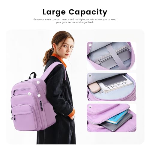 Lanola Basic Multi-Pocket Multipurpose Backpack Classical Water Resistant Student Bookbag For School Business Travel or Casual Daypack Backpacks For Men Or Women - Purple - Image 3