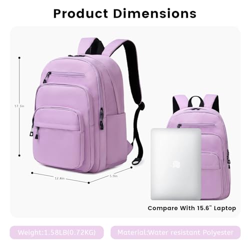 Lanola Basic Multi-Pocket Multipurpose Backpack Classical Water Resistant Student Bookbag For School Business Travel or Casual Daypack Backpacks For Men Or Women - Purple - Image 2