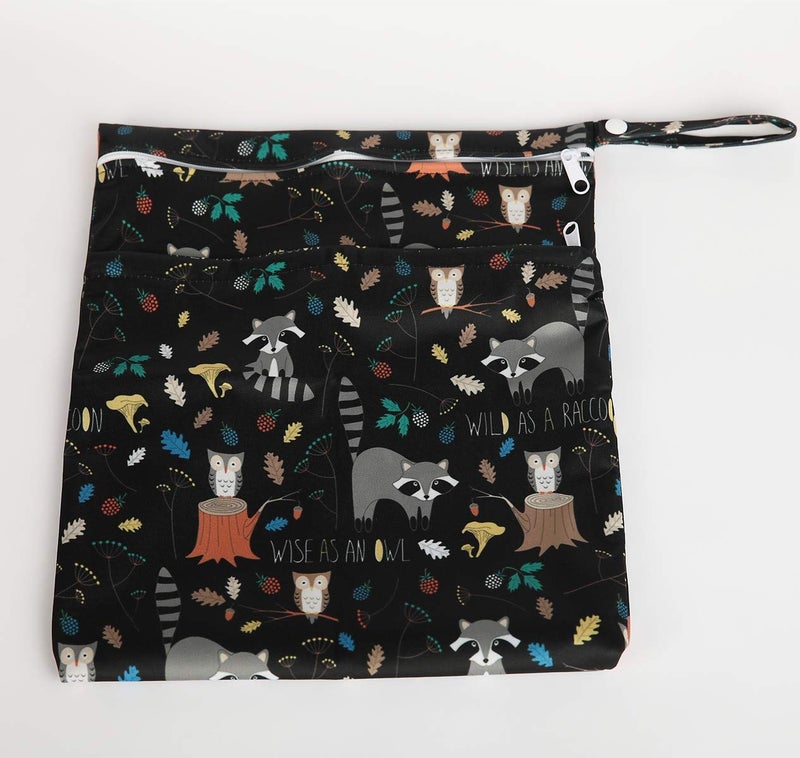 Sigzagor Wet Bag Baby Cloth Diaper Nappy Bag Reusable Washable With Two Zippered Pockets (Animal Racoon) - Image 3