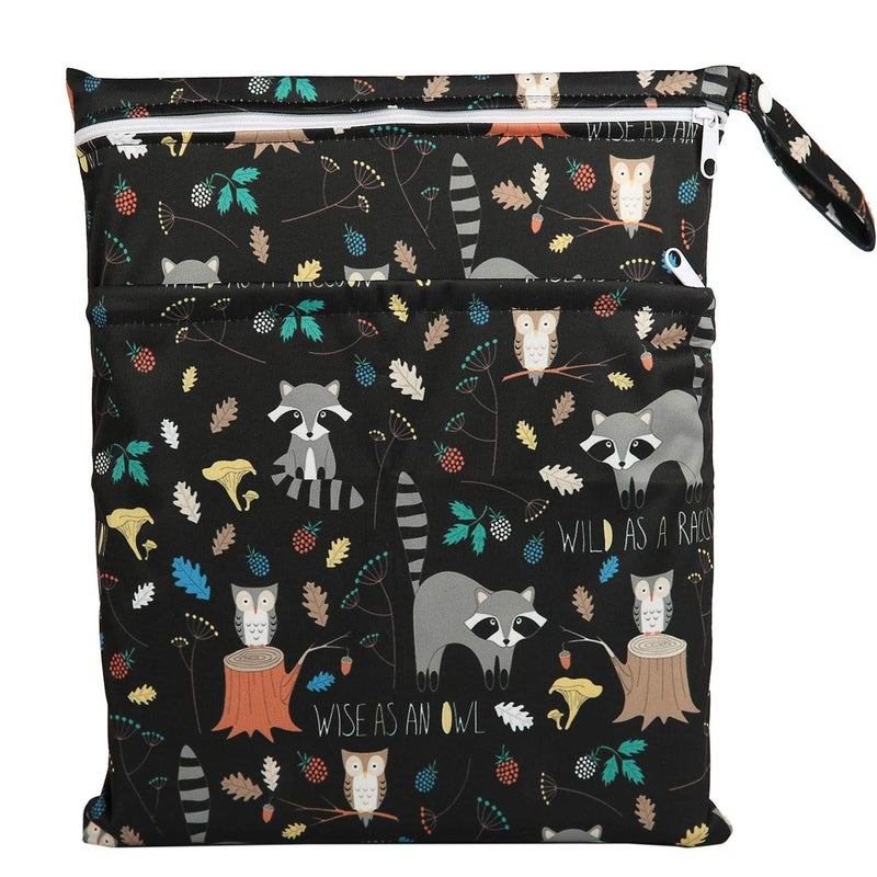 Sigzagor Wet Bag Baby Cloth Diaper Nappy Bag Reusable Washable With Two Zippered Pockets (Animal Racoon) - Image 1