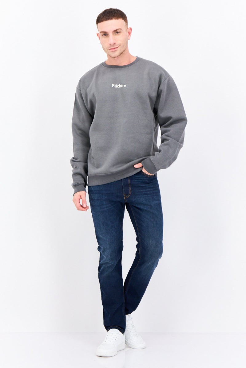 Fudo Men Crew Neck Brand Logo Long Sleeves Sweatshirt, Grey - Image 4