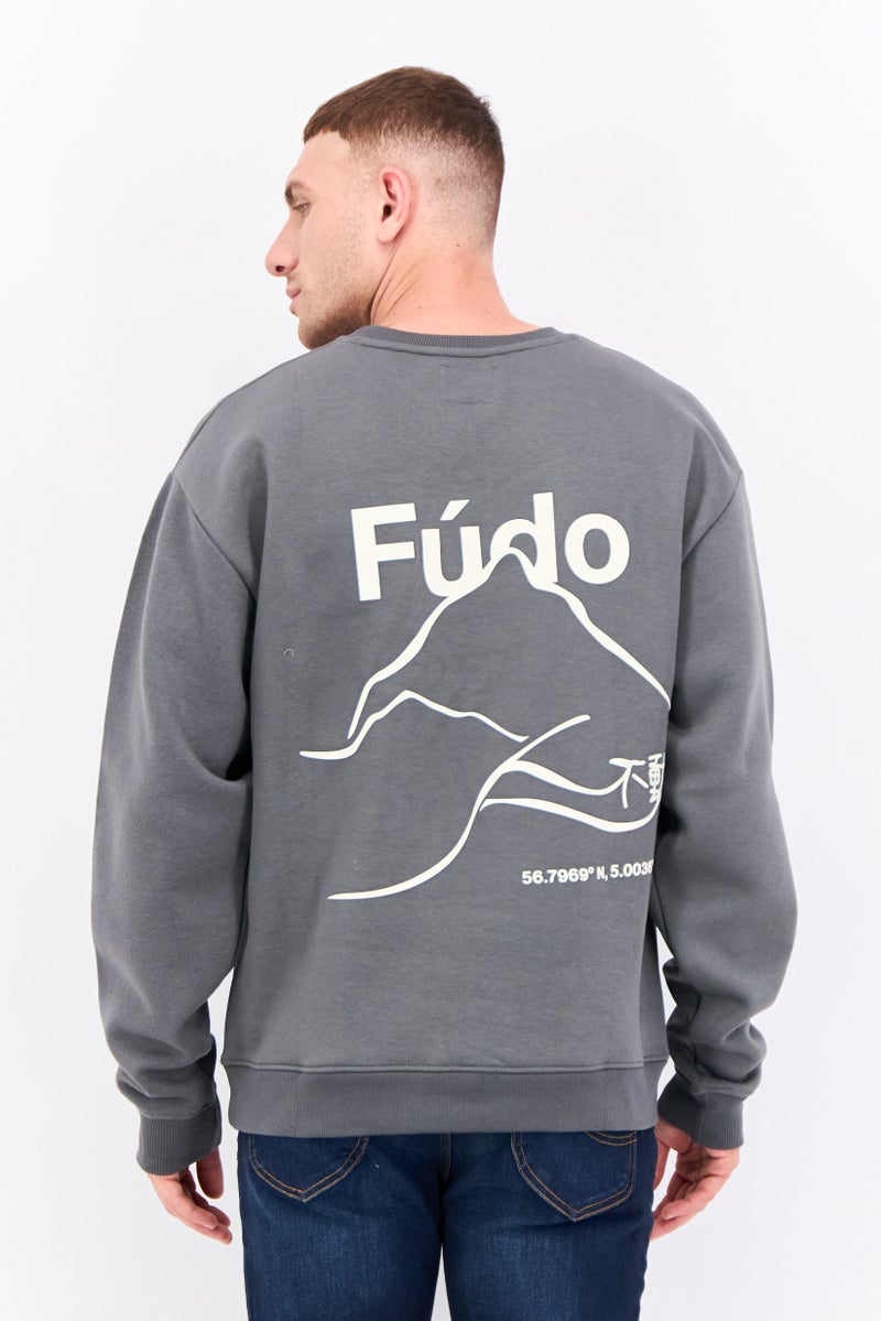 Fudo Men Crew Neck Brand Logo Long Sleeves Sweatshirt, Grey - Image 3