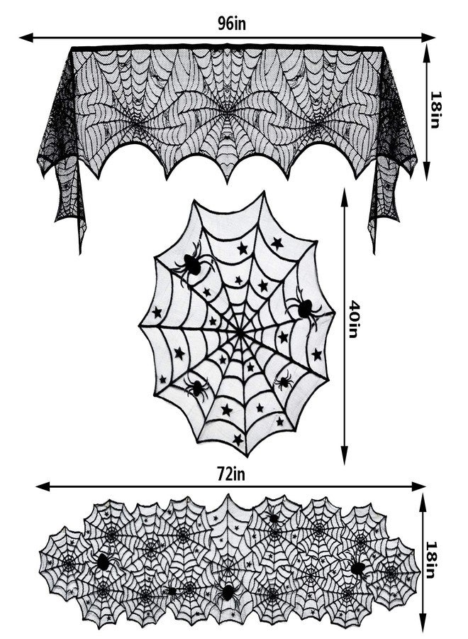 Tayfremn 3pack Halloween Decorations Set Halloween Tablecloth Black Lace Round Spider Cobweb Table Cover Fireplace Mantel Scarf Spiderweb Fireplace Scarf for Party - Image 2
