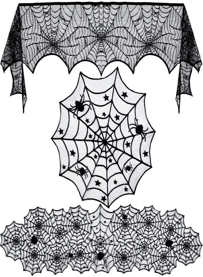 Tayfremn 3pack Halloween Decorations Set Halloween Tablecloth Black Lace Round Spider Cobweb Table Cover Fireplace Mantel Scarf Spiderweb Fireplace Scarf for Party - Image 1