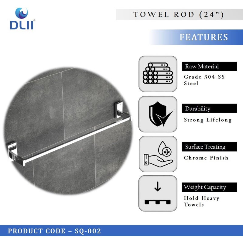 DLII® Square Towel Rod (24 Inch) - Premium Towel Bar (S.S 304 Grade) | Durable & Space-Saving Design | Rust-Resistant, Easy Installation | Multi-Functional Design for Bathroom Kitchen - Image 4