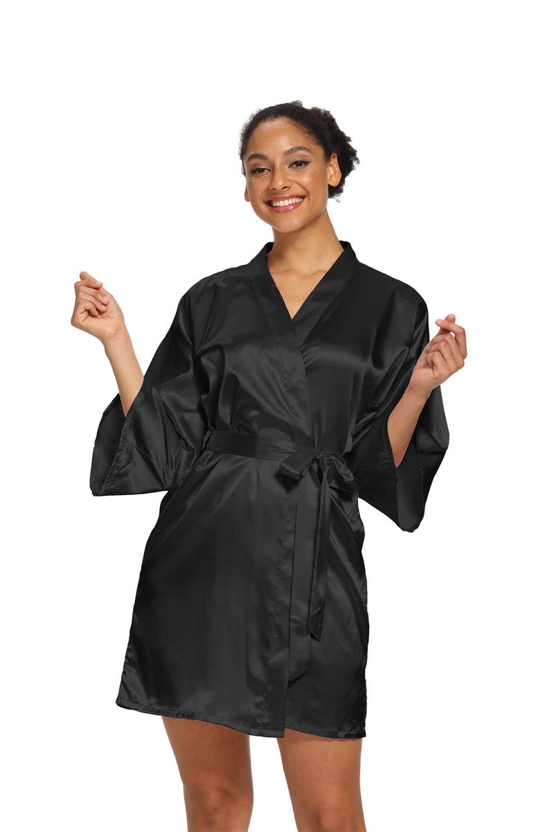 V Vaborous Women's Plus Size Black Satin Robes Short Summer Sleepwear, Silk Bridesmaid Robes, Black, 2X/3X - Image 2