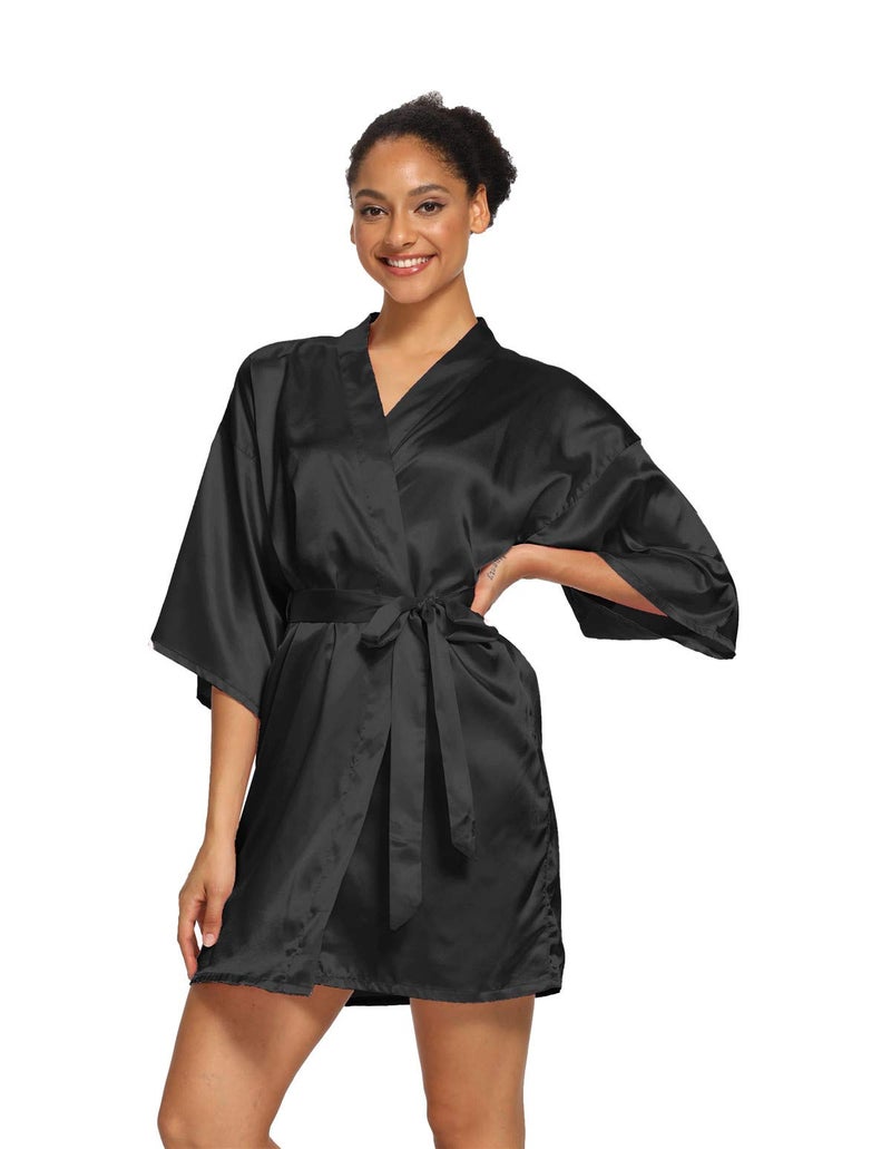 V Vaborous Women's Plus Size Black Satin Robes Short Summer Sleepwear, Silk Bridesmaid Robes, Black, 2X/3X - Image 1