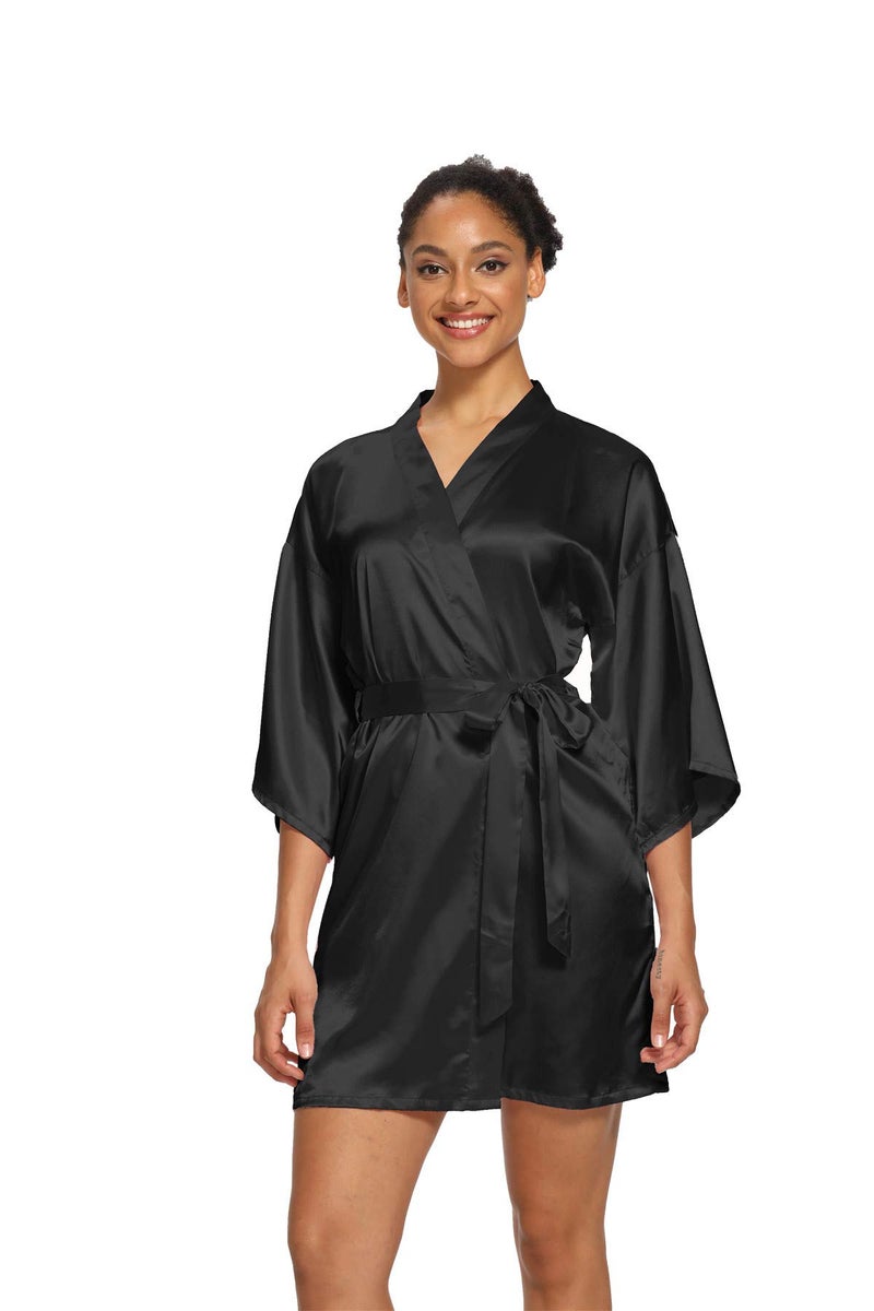 V Vaborous Women's Plus Size Black Satin Robes Short Summer Sleepwear, Silk Bridesmaid Robes, Black, 2X/3X - Image 3