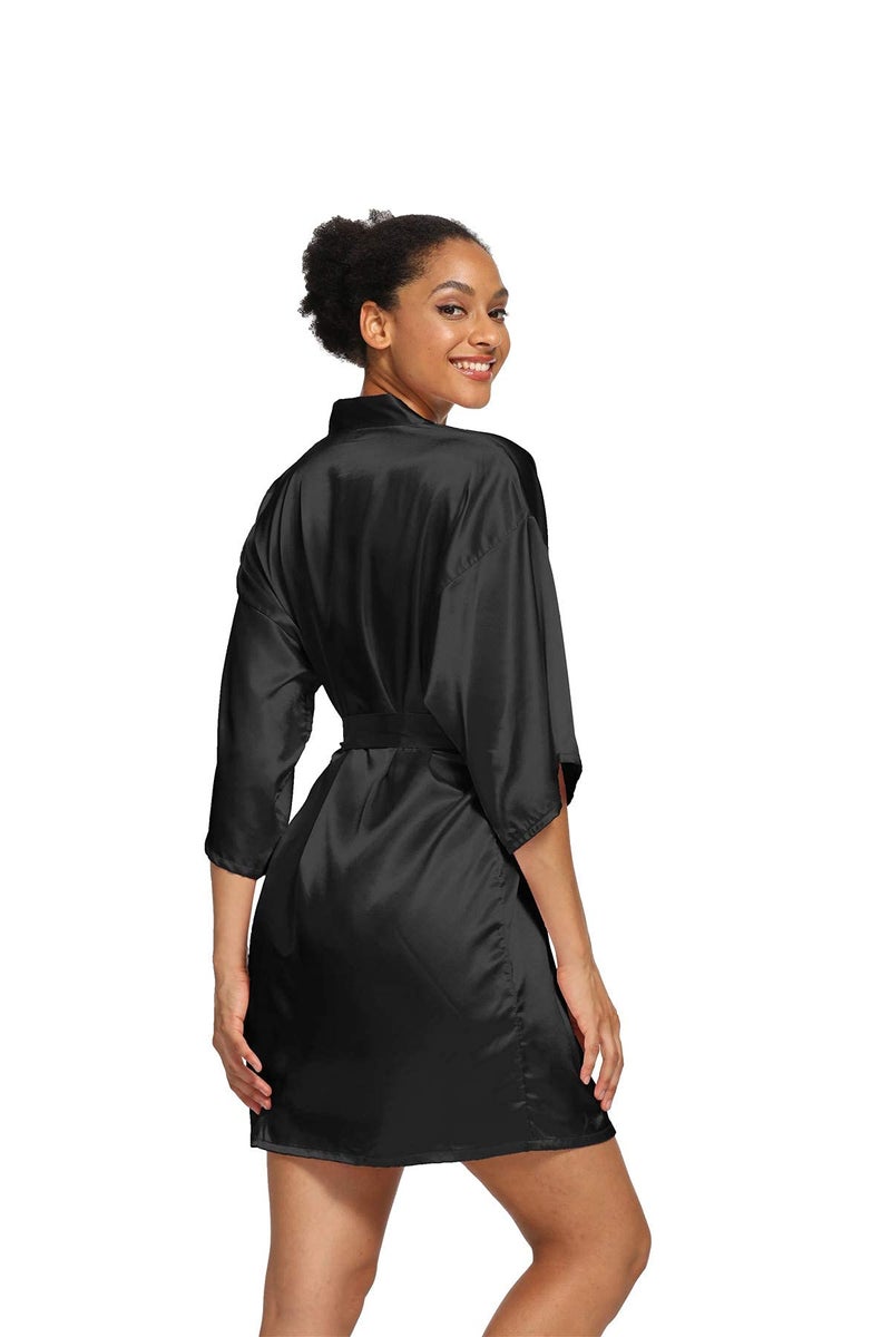 V Vaborous Women's Plus Size Black Satin Robes Short Summer Sleepwear, Silk Bridesmaid Robes, Black, 2X/3X - Image 4