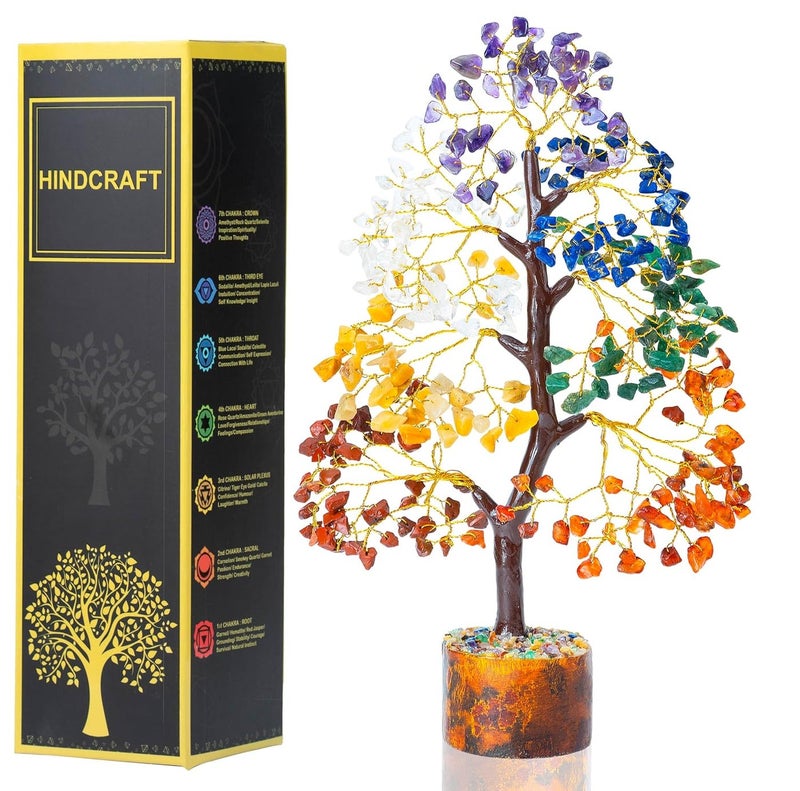 Hindcraft Seven Chakra Crystal Tree Healing Crystal Tree for Prosperity Protection Feng Shui Good Luck Tree for Living Room Office Unique Gift for Men Women Housewarming Wedding