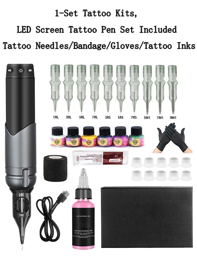 Generic - 1-Set Tattoo Kits,LED Screen Tattoo Pen Set Included Tattoo Needles/Bandage/Gloves/Tattoo Inks - Image 1