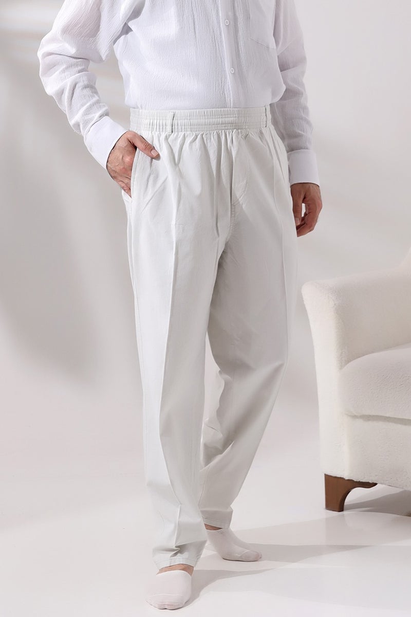 İhvan Online Men's Light Gray Comfortable Cut Elastic Waist Linen Hajj and Umrah Shalwar Trousers  - Image 1