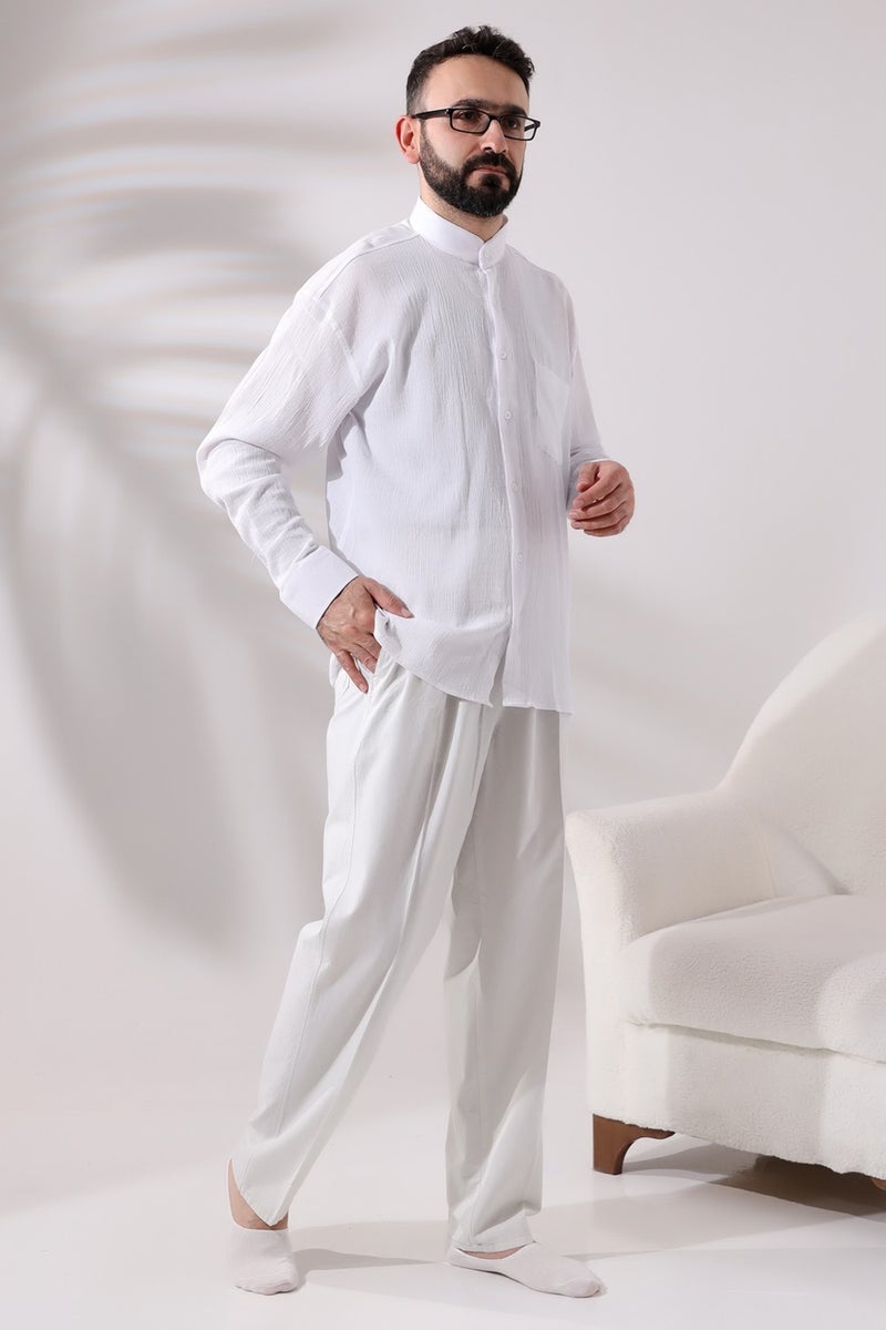 İhvan Online Men's Light Gray Comfortable Cut Elastic Waist Linen Hajj and Umrah Shalwar Trousers  - Image 2