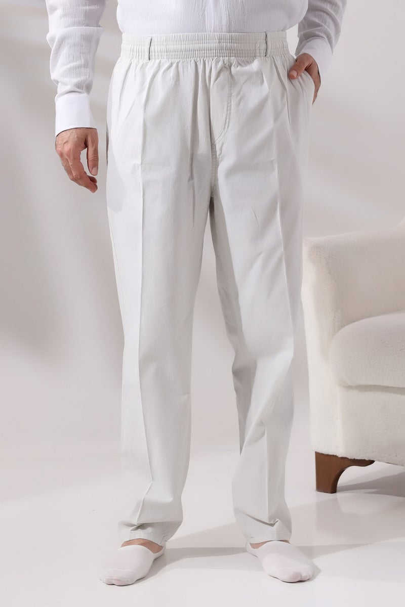 İhvan Online Men's Light Gray Comfortable Cut Elastic Waist Linen Hajj and Umrah Shalwar Trousers  - Image 3