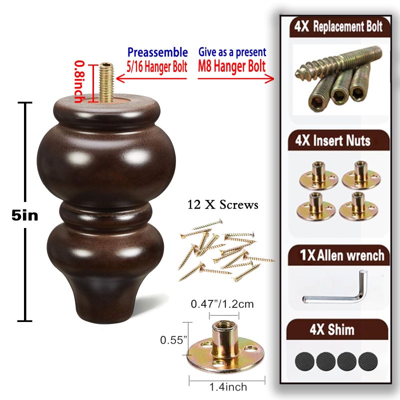 SHANJUE Wood Furniture Legs 5 inch Sofa Legs Pack of 4,Round Couch Legs Espresso Mid Century Desk Legs,Sofa Replacement Parts,for Dresser, Sideboard, Recliner, Coffee Table - Image 5