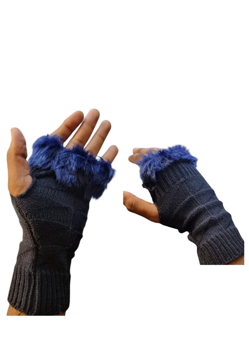 Woolen Winter Fashion Fur Ladies Gloves Pair Blue - Image 1