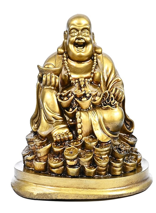 HindCraft Buddha Idol - Feng Shui Figurine Laughing Buddha Sitting on Luck Money Coins | Golden Ingot for Good Luck & Happiness | Decor for Living Room (5 Inches, Gold) | Idols for Home Decor - Image 1