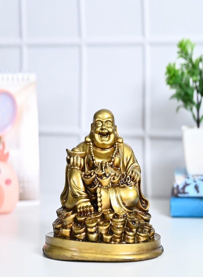 HindCraft Buddha Idol - Feng Shui Figurine Laughing Buddha Sitting on Luck Money Coins | Golden Ingot for Good Luck & Happiness | Decor for Living Room (5 Inches, Gold) | Idols for Home Decor - Image 5