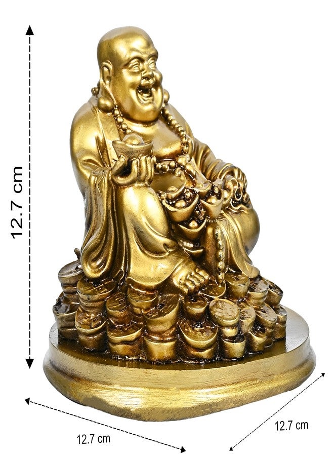 HindCraft Buddha Idol - Feng Shui Figurine Laughing Buddha Sitting on Luck Money Coins | Golden Ingot for Good Luck & Happiness | Decor for Living Room (5 Inches, Gold) | Idols for Home Decor - Image 3