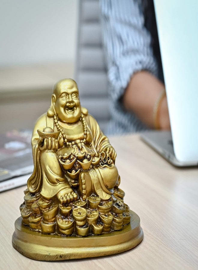 HindCraft Buddha Idol - Feng Shui Figurine Laughing Buddha Sitting on Luck Money Coins | Golden Ingot for Good Luck & Happiness | Decor for Living Room (5 Inches, Gold) | Idols for Home Decor - Image 4