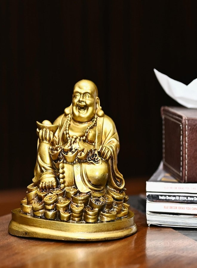 HindCraft Buddha Idol - Feng Shui Figurine Laughing Buddha Sitting on Luck Money Coins | Golden Ingot for Good Luck & Happiness | Decor for Living Room (5 Inches, Gold) | Idols for Home Decor - Image 2