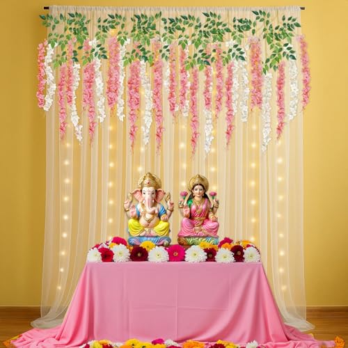 SpecialYou.in SpecialYou® Ganpati Decoration Setup for Home, Ganpati Decoration Backdrop with White Net Curtains, Pink & White Wisteria Hanging Decorations Items, Ganesh Chaturthi Decorations Setup - 18 Pcs - Image 1