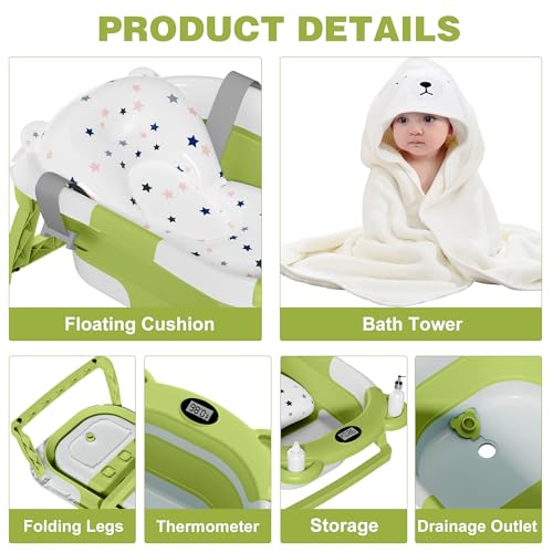 MoreFeel Collapsible Baby Bathtub for Newborn with Thermometer & 1 Hooded Towel & 1 Soft Floating Cushion,Portable Travel Bathtub with Drain Hole, Durable Foldable Baby Tubs for Infants to Toddler - Image 3