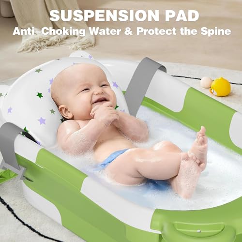 MoreFeel Collapsible Baby Bathtub for Newborn with Thermometer & 1 Hooded Towel & 1 Soft Floating Cushion,Portable Travel Bathtub with Drain Hole, Durable Foldable Baby Tubs for Infants to Toddler - Image 2
