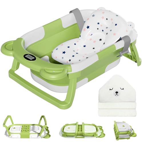 MoreFeel Collapsible Baby Bathtub for Newborn with Thermometer & 1 Hooded Towel & 1 Soft Floating Cushion,Portable Travel Bathtub with Drain Hole, Durable Foldable Baby Tubs for Infants to Toddler - Image 1