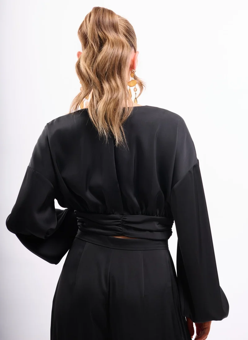 Faia Black Tie Front Satin Shirt Co-ord in Black for Women | Best Price UAE