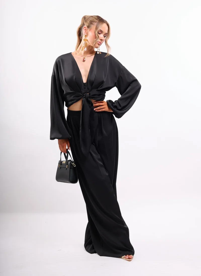 Faia Black Tie Front Satin Shirt Co-ord in Black for Women | Best Price UAE