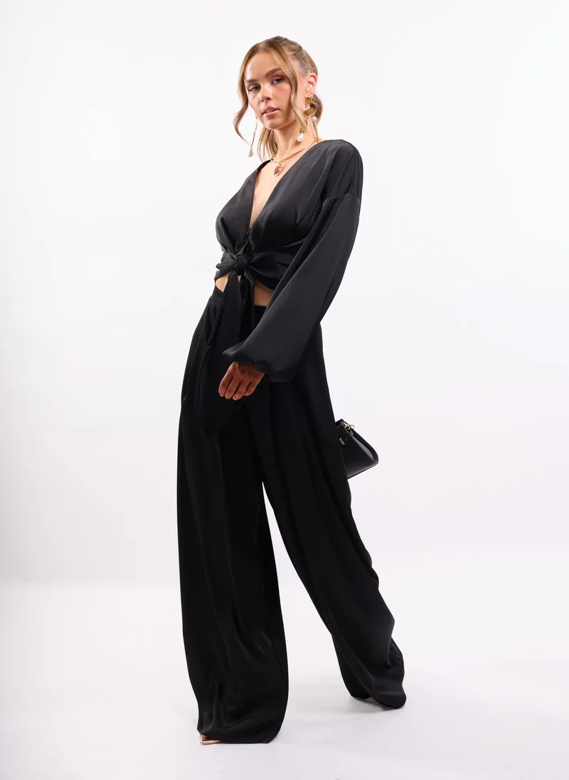 Faia Black Tie Front Satin Shirt Co-ord in Black for Women | Best Price UAE