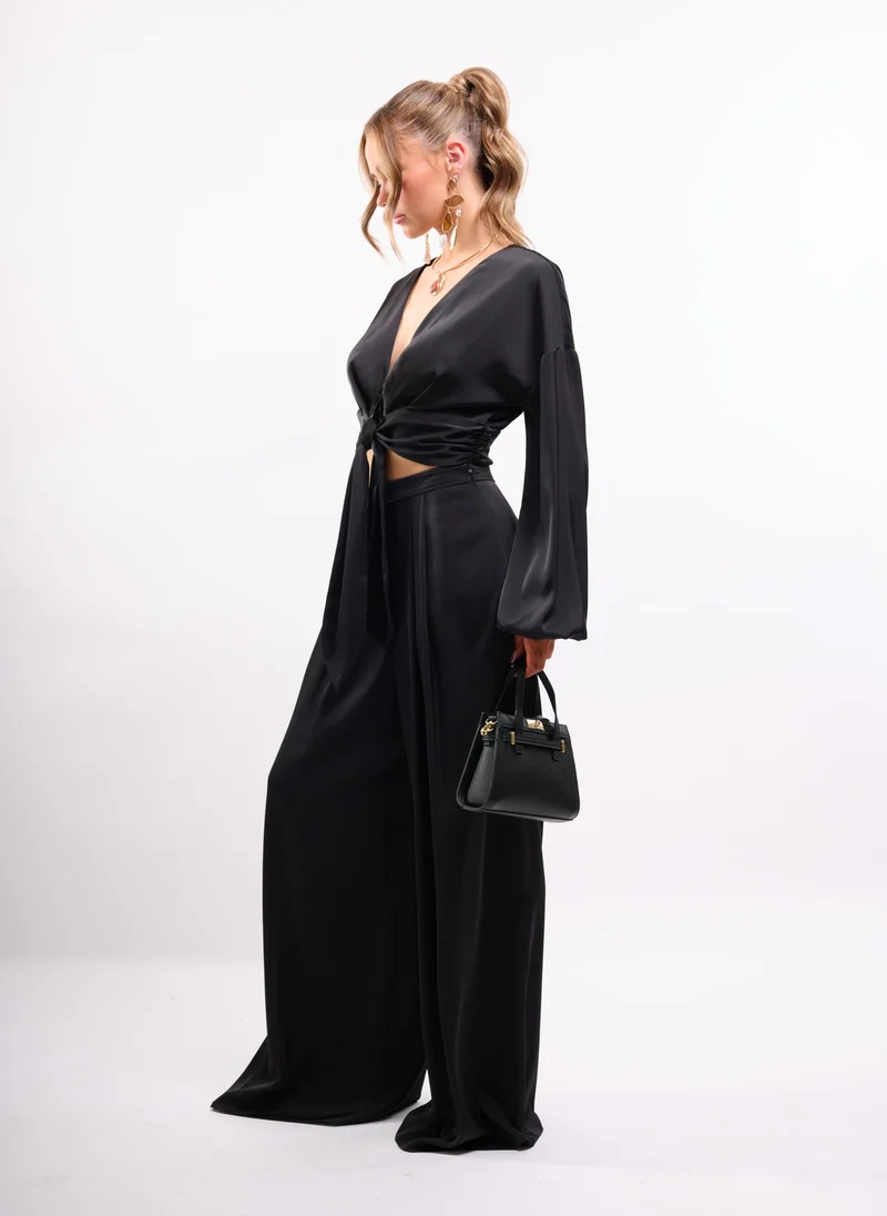 Faia Black Tie Front Satin Shirt Co-ord in Black for Women | Best Price UAE