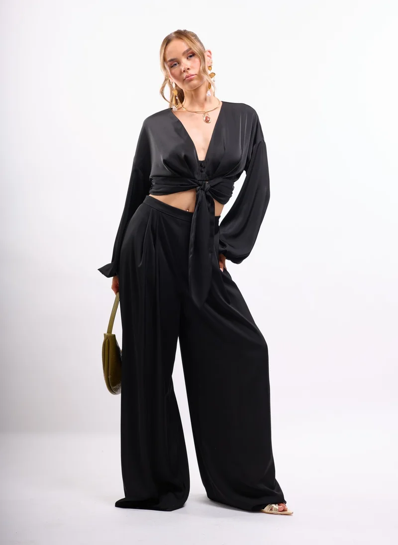 Faia Black Tie Front Satin Shirt Co-ord in Black for Women | Best Price UAE